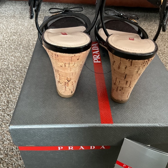 Prada Leather Bow Cork Wedge Sandals-Black-Size 8-Sharp - Picture 3 of 8